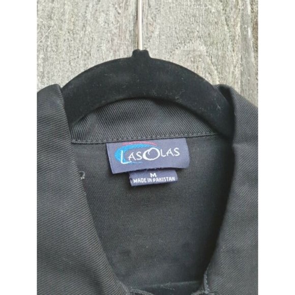 Las Olas Women M Black Denim Jean Jacket Pink Flamingo Rhinestone - Picture 5 of 9